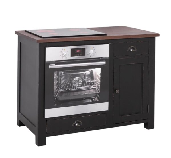 Landelijk houten keukenkast, keukenblok in de afmeting 120 cm breed. De keukenblok heeft lades, deurtje en een oven. Die landelijke boeren keuken is onderdeel van diverse koppelstukken. Je kan dit helemaal samenstellen. de keukenkast heeft de kleur zwart en warm eiken blad.