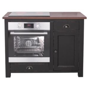 Landelijk houten keukenkast, keukenblok in de afmeting 120 cm breed. De keukenblok heeft lades, deurtje en een oven. Die landelijke boeren keuken is onderdeel van diverse koppelstukken. Je kan dit helemaal samenstellen. de keukenkast heeft de kleur zwart en warm eiken blad.
