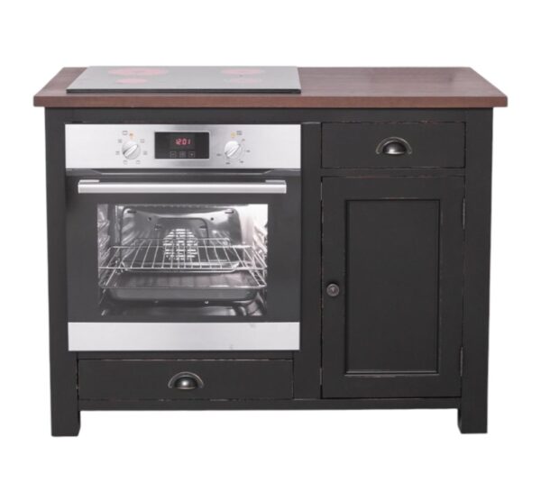 Landelijk houten keukenkast, keukenblok in de afmeting 120 cm breed. De keukenblok heeft lades, deurtje en een oven. Die landelijke boeren keuken is onderdeel van diverse koppelstukken. Je kan dit helemaal samenstellen. de keukenkast heeft de kleur zwart en warm eiken blad.