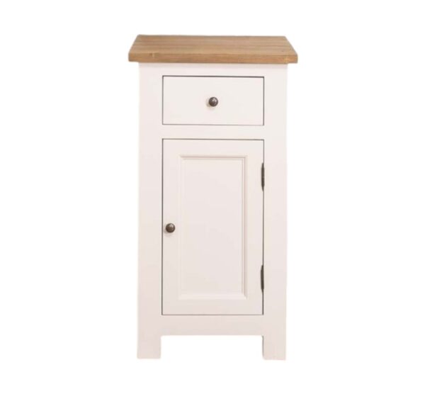 Landelijke houten keukenkast met diepe lade en deurtje van 50 cm breed. Dit is een onderdeel van een samenstelling. De ladekast kan op maat gemaakt worden. het heeft een witte kleur met warm bruin eiken blad. verkrijgbaar bij Villa Laura