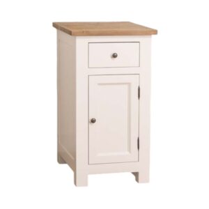 Landelijke houten keukenkast met diepe lade en deurtje van 50 cm breed. Dit is een onderdeel van een samenstelling. De ladekast kan op maat gemaakt worden. het heeft een witte kleur met warm bruin eiken blad. verkrijgbaar bij Villa Laura