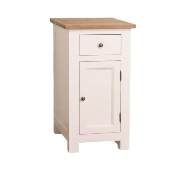 Landelijke houten keukenkast met diepe lade en deurtje van 50 cm breed. Dit is een onderdeel van een samenstelling. De ladekast kan op maat gemaakt worden. het heeft een witte kleur met warm bruin eiken blad. verkrijgbaar bij Villa Laura