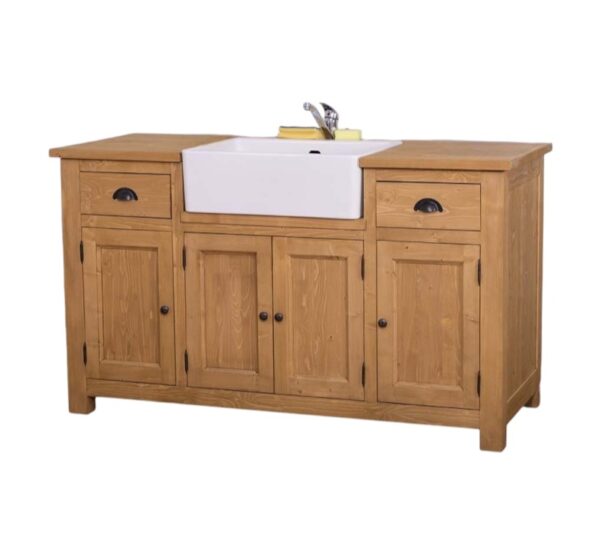 Landelijk houten keukenkast in de afmeting 155 x 65 x 90 cm. De keukenblok heeft lades, deurtjes, en een wasbak. Die landelijke boeren keuken is onderdeel van diverse koppelstukken. Je kan dit helemaal samenstellen. de keukenkast heeft de kleur naturel licht eiken.