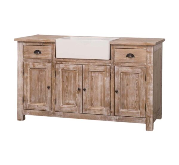 Landelijk houten keukenkast in de afmeting 155 x 65 x 90 cm. De keukenblok heeft lades, deurtjes, en een wasbak. Die landelijke boeren keuken is onderdeel van diverse koppelstukken. Je kan dit helemaal samenstellen. de keukenkast heeft de kleur rustiek whitewash, beachwood, ibiza stijl.