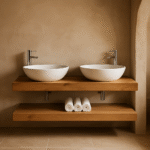 Massief eiken houten badkamermeubel planken die bevestigd zijn aan de wand. de wandmeubel kenmerkt zich door eenvoudige lijnen, een minimalistisch design en een moderne en elegante uitstraling.Het badkamermeubel heeft dubbele wasbak en kraan en een plank voor de handdoeken of toiletspullen. Het meubel kan op maat gemaakt worden of lengte 150 cm. Villa Laura
