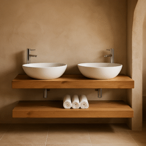 Massief eiken houten badkamermeubel planken die bevestigd zijn aan de wand. de wandmeubel kenmerkt zich door eenvoudige lijnen, een minimalistisch design en een moderne en elegante uitstraling.Het badkamermeubel heeft dubbele wasbak en kraan en een plank voor de handdoeken of toiletspullen. Het meubel kan op maat gemaakt worden of lengte 150 cm. Villa Laura