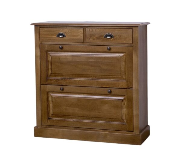 Landelijke schoenenkast met genoeg opbergruimte. De kast heeft bovenaan vier kleine lades met een komgreep. Daar onder zit 2 kleppen waar de schoenen in op geborgen kunnen worden. Gemaakt van massief eiken hout in de kleur warm bruin eiken. De kast kan op diverse manieren geverfd worden in verschillende kleuren en kan op maat gemaakt worden. Villa Laur