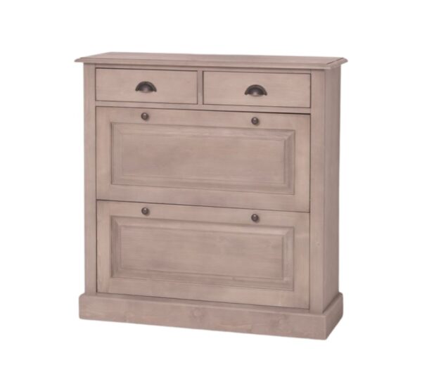 Landelijke schoenenkast met genoeg opbergruimte. De kast heeft bovenaan vier kleine lades met een komgreep. Daar onder zit 2 kleppen waar de schoenen in op geborgen kunnen worden. Gemaakt van massief eiken hout in de kleur greywash. De kast kan op diverse manieren geverfd worden in verschillende kleuren en kan op maat gemaakt worden. Villa Laura