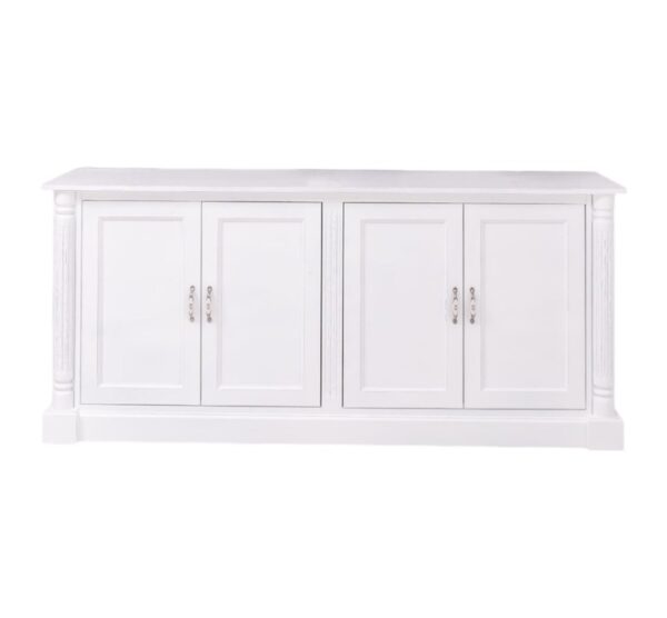 klassieke dressoir met pilaren en ornamenten. het heeft vier deuren. Gemaakt van massief eiken hout in de kleur wit. Het meubel kan op verschillende manieren geverfd worden in verschillende kleuren en kan op maat gemaakt worden. Villa Laura