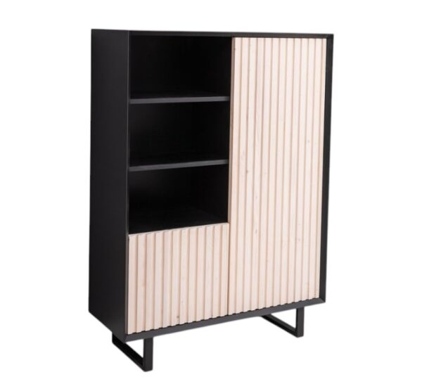 Moderne opbergkast/boekenkast Barcelona met latjes en hoge stalen U-poten. het heeft openvakken met planken en 2 deurtjes. Het kan op maat gemaakt worden. in de kleur zwart en licht eiken.