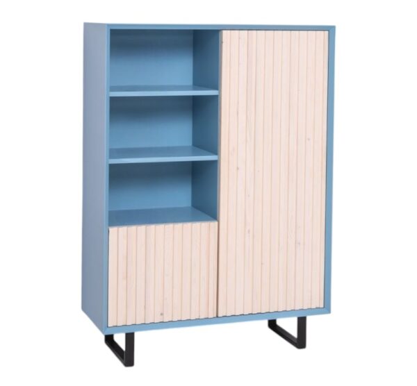 Moderne opbergkast/boekenkast Barcelona met latjes en hoge stalen U-poten. het heeft openvakken met planken en 2 deurtjes. Het kan op maat gemaakt worden. in de kleur blauw en licht eiken.