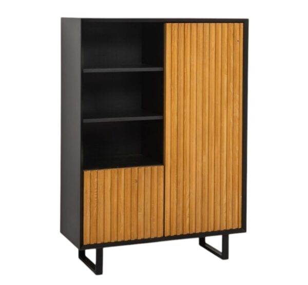 Moderne opbergkast/boekenkast Barcelona met latjes en hoge stalen U-poten. het heeft openvakken met planken en 2 deurtjes. Het kan op maat gemaakt worden. in de kleur zwart en warm eiken.