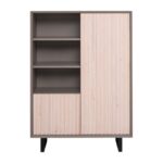 Moderne opbergkast/boekenkast Barcelona met latjes en hoge stalen U-poten. het heeft openvakken met planken en 2 deurtjes. Het kan op maat gemaakt worden. in de kleur antraciet en licht eiken.