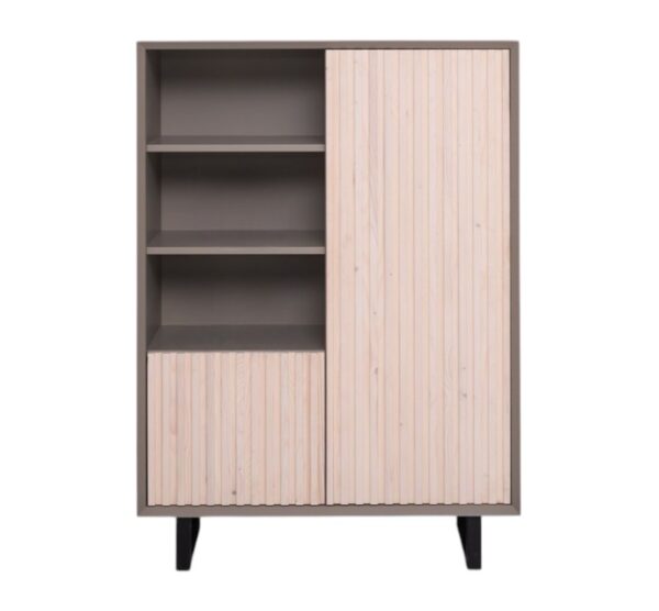 Moderne opbergkast/boekenkast Barcelona met latjes en hoge stalen U-poten. het heeft openvakken met planken en 2 deurtjes. Het kan op maat gemaakt worden. in de kleur antraciet en licht eiken.