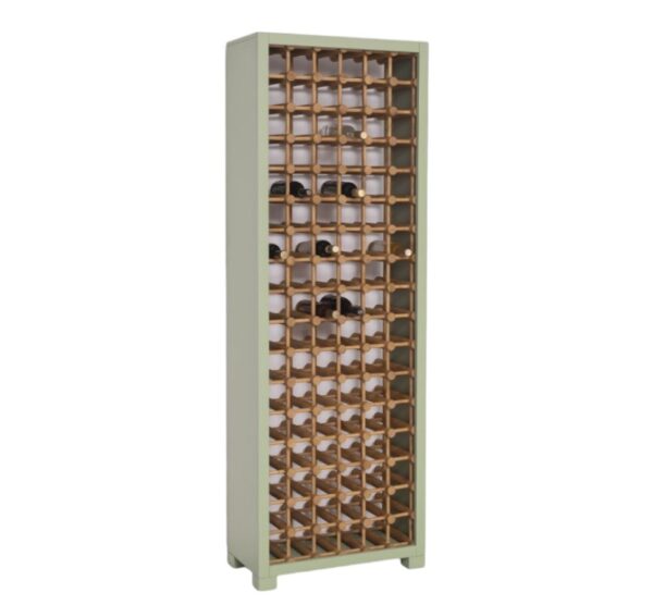 Een modern landelijke houten wijnkast/wijn rek voor meer dan 100 flessen. Het meubel kan op maat gemaakt worden. in de kleur licht groen, licht eiken.