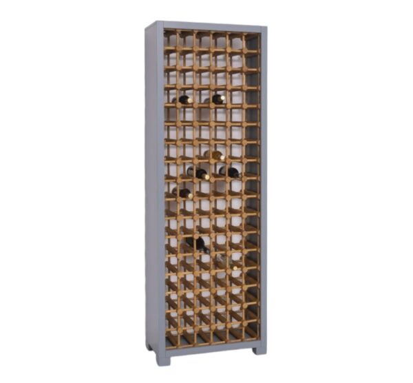 Een modern landelijke houten wijnkast/wijn rek voor meer dan 100 flessen. Het meubel kan op maat gemaakt worden. in de kleur grijs en naturel eiken.