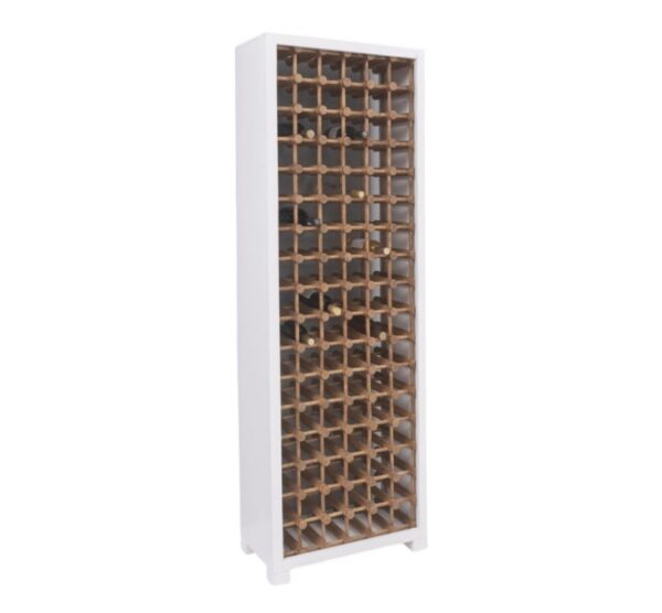 Een modern landelijke houten wijnkast/wijn rek voor meer dan 100 flessen. Het meubel kan op maat gemaakt worden. in de kleur wit en naturel eiken.