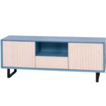 Moderne TV-meubel Barcelona met latjes en hoge stalen U-poten met de afmeting 160 cm breed. het heeft 1 open vak, lade en 2 deurtjes. Het kan op maat gemaakt worden. in de kleur blauw en licht eiken.
