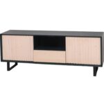 Moderne TV-meubel Barcelona met latjes en hoge stalen U-poten met de afmeting 160 cm breed. het heeft 1 open vak, lade en 2 deurtjes. Het kan op maat gemaakt worden. in de kleur zwart en licht eiken.