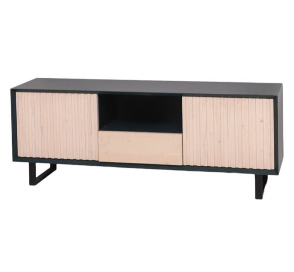 Moderne TV-meubel Barcelona met latjes en hoge stalen U-poten met de afmeting 160 cm breed. het heeft 1 open vak, lade en 2 deurtjes. Het kan op maat gemaakt worden. in de kleur zwart en licht eiken.