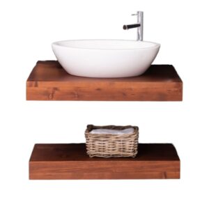Massief eiken houten badkamermeubel planken die bevestigd zijn aan de wand. de wandmeubel kenmerkt zich door eenvoudige lijnen, een minimalistisch design en een moderne en elegante uitstraling.Het badkamermeubel heeft dubbele wasbak en kraan en een plank voor de handdoeken of toiletspullen. Het meubel kan op maat gemaakt worden of lengte 90 cm. in de kleur kersen, warm rustiek eiken, walnoot. Villa Laura