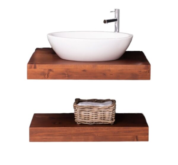 Massief eiken houten badkamermeubel planken die bevestigd zijn aan de wand. de wandmeubel kenmerkt zich door eenvoudige lijnen, een minimalistisch design en een moderne en elegante uitstraling.Het badkamermeubel heeft dubbele wasbak en kraan en een plank voor de handdoeken of toiletspullen. Het meubel kan op maat gemaakt worden of lengte 90 cm. in de kleur kersen, warm rustiek eiken, walnoot. Villa Laura