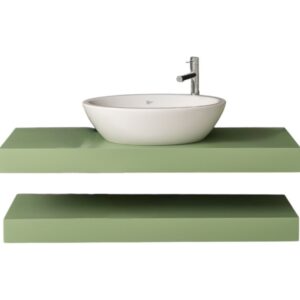 Massief eiken houten badkamermeubel planken die bevestigd zijn aan de wand. de wandmeubel kenmerkt zich door eenvoudige lijnen, een minimalistisch design en een moderne en elegante uitstraling.Het badkamermeubel heeft dubbele wasbak en kraan en een plank voor de handdoeken of toiletspullen. Het meubel kan op maat gemaakt worden of lengte 120 cm. in de kleur groen, olijfgroen. Villa Laura