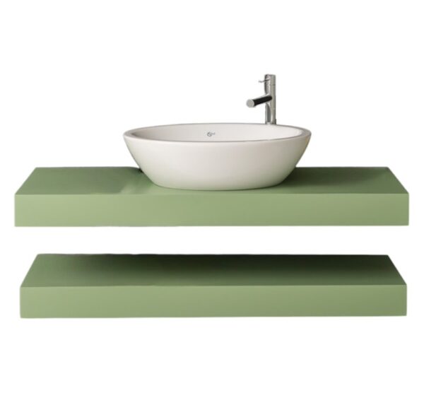 Massief eiken houten badkamermeubel planken die bevestigd zijn aan de wand. de wandmeubel kenmerkt zich door eenvoudige lijnen, een minimalistisch design en een moderne en elegante uitstraling.Het badkamermeubel heeft dubbele wasbak en kraan en een plank voor de handdoeken of toiletspullen. Het meubel kan op maat gemaakt worden of lengte 120 cm. in de kleur groen, olijfgroen. Villa Laura