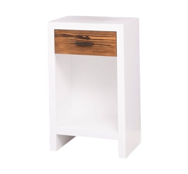 Modern landelijk houten nachtkastje Miami met rustiek lade in de afmeting 45 cm breed. Kan ook op maat gemaakt worden. in de kleur wit en warm bruin eiken.