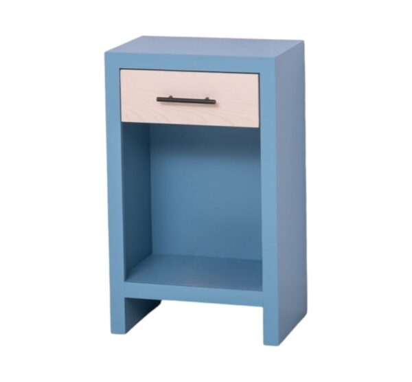 Modern landelijk houten nachtkastje Miami met rustiek lade in de afmeting 45 cm breed. Kan ook op maat gemaakt worden. in de kleur blauw en licht eiken.