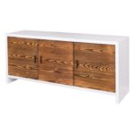 Modern landelijk houten dressoir Miami met rustieke deuren in de afmeting 180 cm breed. Kan ook op maat gemaakt worden. in de kleur wit en warm bruin eiken.
