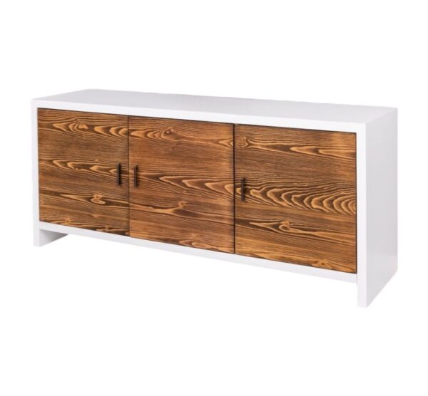 Modern landelijk houten dressoir Miami met rustieke deuren in de afmeting 180 cm breed. Kan ook op maat gemaakt worden. in de kleur wit en warm bruin eiken.