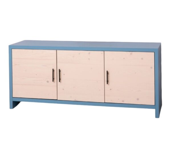 Modern landelijk houten dressoir Miami met rustieke deuren in de afmeting 180 cm breed. Kan ook op maat gemaakt worden. in de kleur blauw en licht eiken.