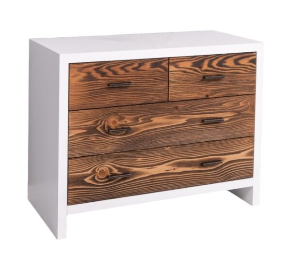 Modern landelijk houten dressoir Miami met rustieke deuren in de afmeting 100 cm breed. Kan ook op maat gemaakt worden. in de kleur wit en warm bruin eiken.