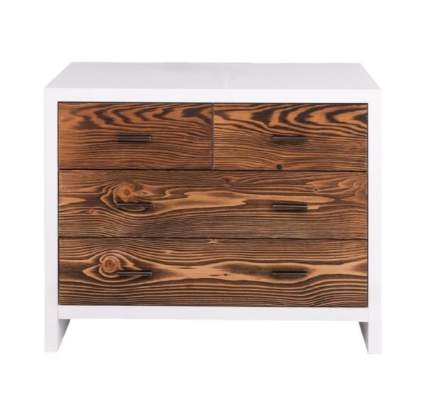 Modern landelijk houten dressoir Miami met rustieke deuren in de afmeting 100 cm breed. Kan ook op maat gemaakt worden. in de kleur wit en warm bruin eiken.