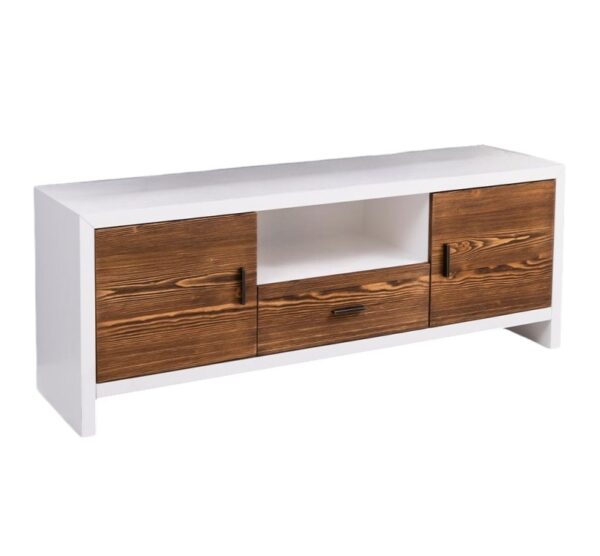 Modern landelijk houten tv-meubel Miami met rustieke deuren in de afmeting 160 cm breed. Kan ook op maat gemaakt worden. in de kleur wit en warm bruin eiken.