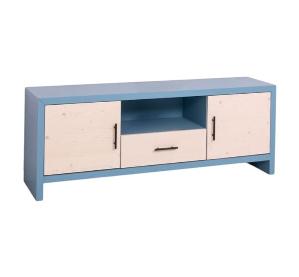 Modern landelijk houten tv-meubel Miami met rustieke deuren in de afmeting 160 cm breed. Kan ook op maat gemaakt worden. in de kleur blauw en licht eiken.