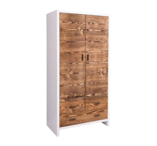 Modern landelijk houten kledingkast/opbergkast Miami met rustieke deuren in de afmeting 100 cm breed. Kan ook op maat gemaakt worden. in de kleur wit en warm bruin eiken.
