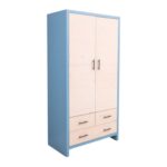 Modern landelijk houten kledingkast/opbergkast Miami met rustieke deuren in de afmeting 100 cm breed. Kan ook op maat gemaakt worden. in de kleur blauw en licht eiken.