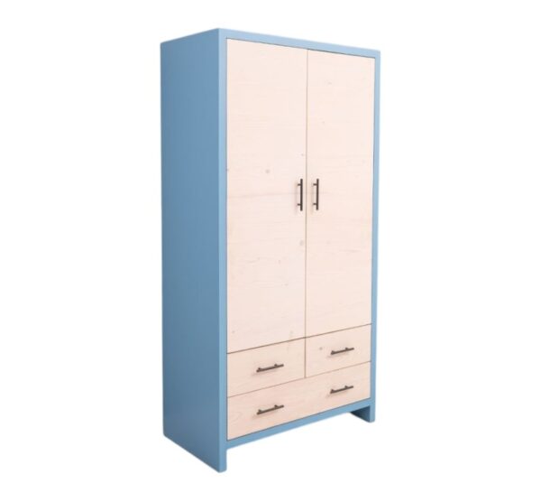 Modern landelijk houten kledingkast/opbergkast Miami met rustieke deuren in de afmeting 100 cm breed. Kan ook op maat gemaakt worden. in de kleur blauw en licht eiken.