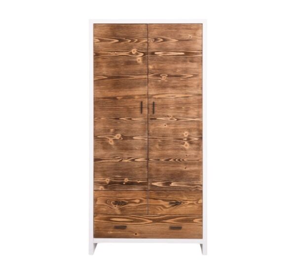 Modern landelijk houten kledingkast/opbergkast Miami met rustieke deuren in de afmeting 100 cm breed. Kan ook op maat gemaakt worden. in de kleur wit en warm bruin eiken.